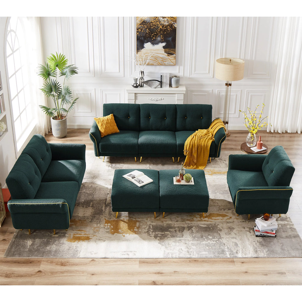 Green Sherpa Fabric 4 Seater Sectional Sofa with Ottoman Y5421