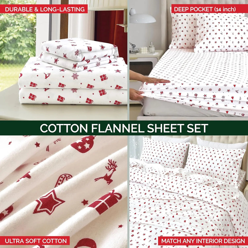 King Flannel Sheets - 4-Piece 100% Turkish Cotton, Red Stars, Deep Pocket R964