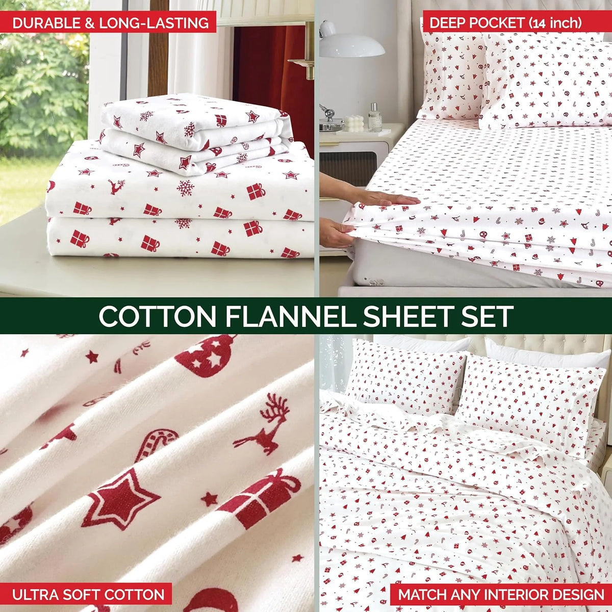 King Flannel Sheets - 4-Piece 100% Turkish Cotton, Red Stars, Deep Pocket R964