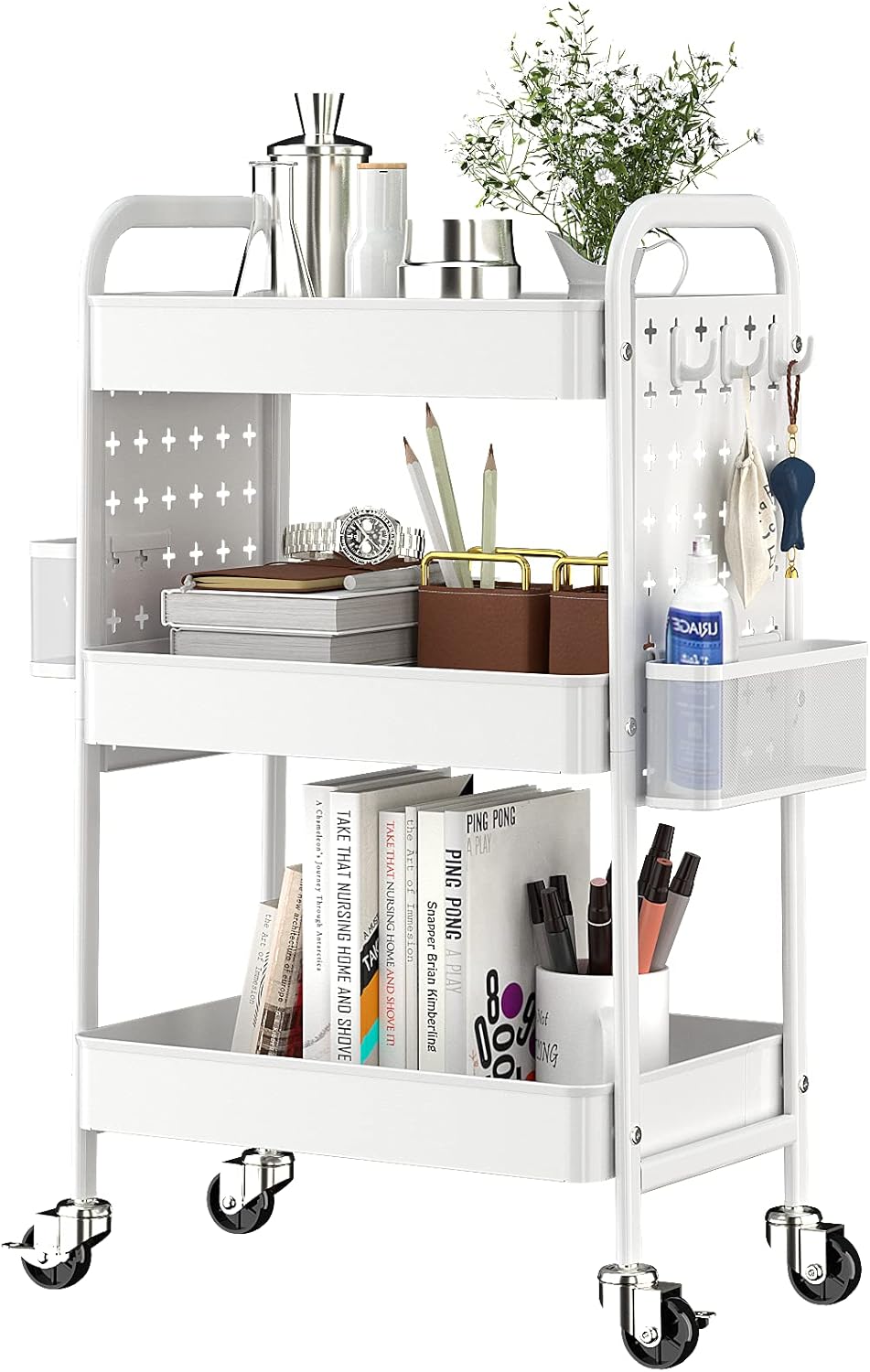 3-Tier Rolling Utility Storage Cart with Removable Baskets Hooks V812225