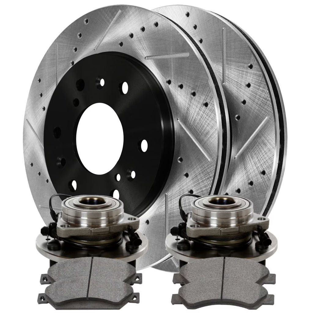 Front Wheel Bearing Hubs Drilled Slotted Rotors Black Ceramic Pads Kit I45455