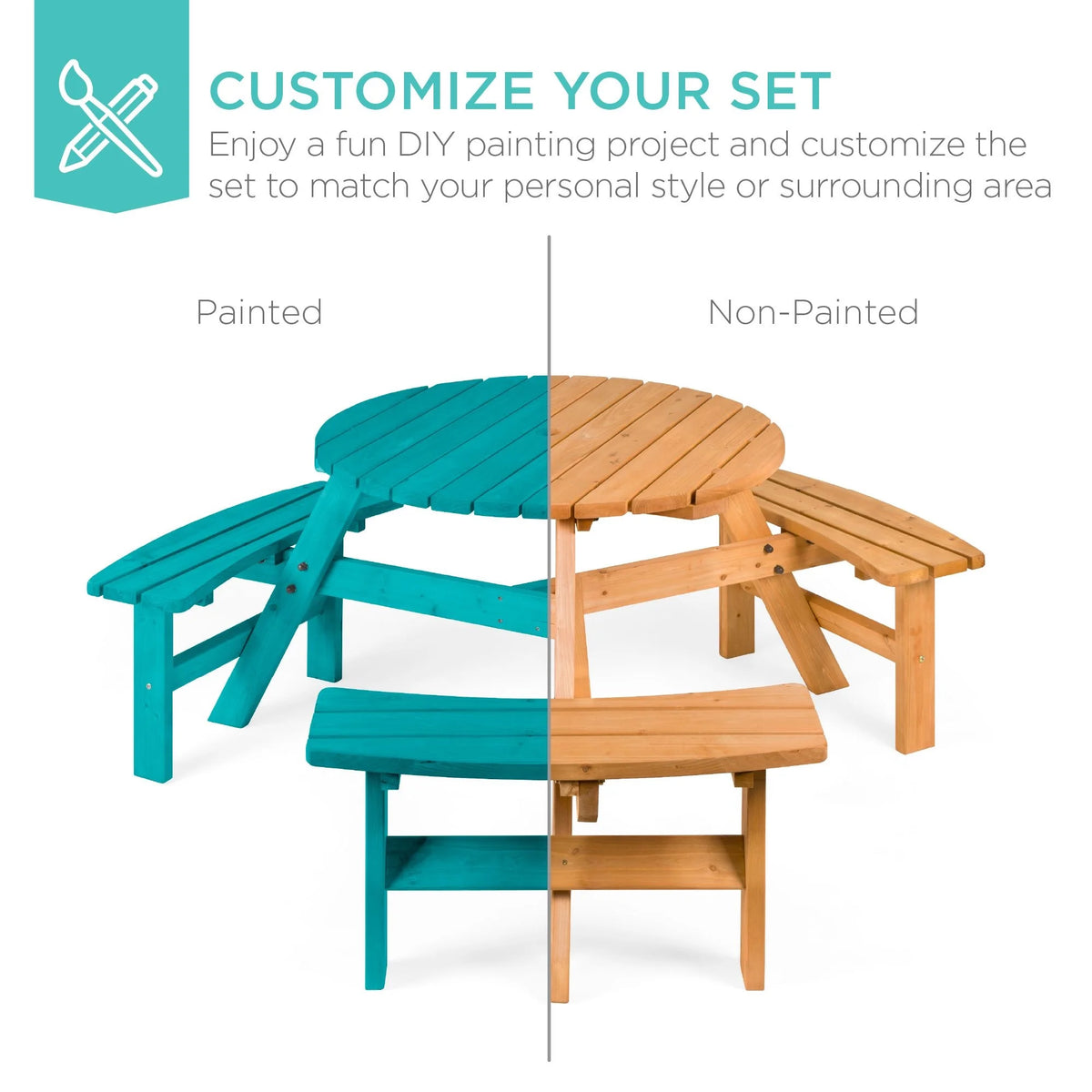 6-Person Circular Wooden Picnic Table with 3 Built-In Benches U144892