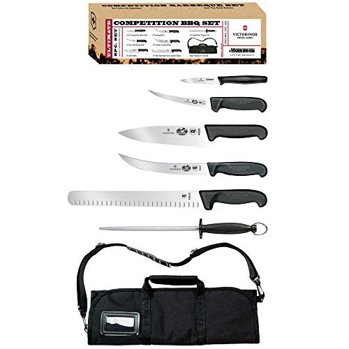 7-Piece BBQ Set with Red Fibrox Pro Handles and Knife Roll O162699