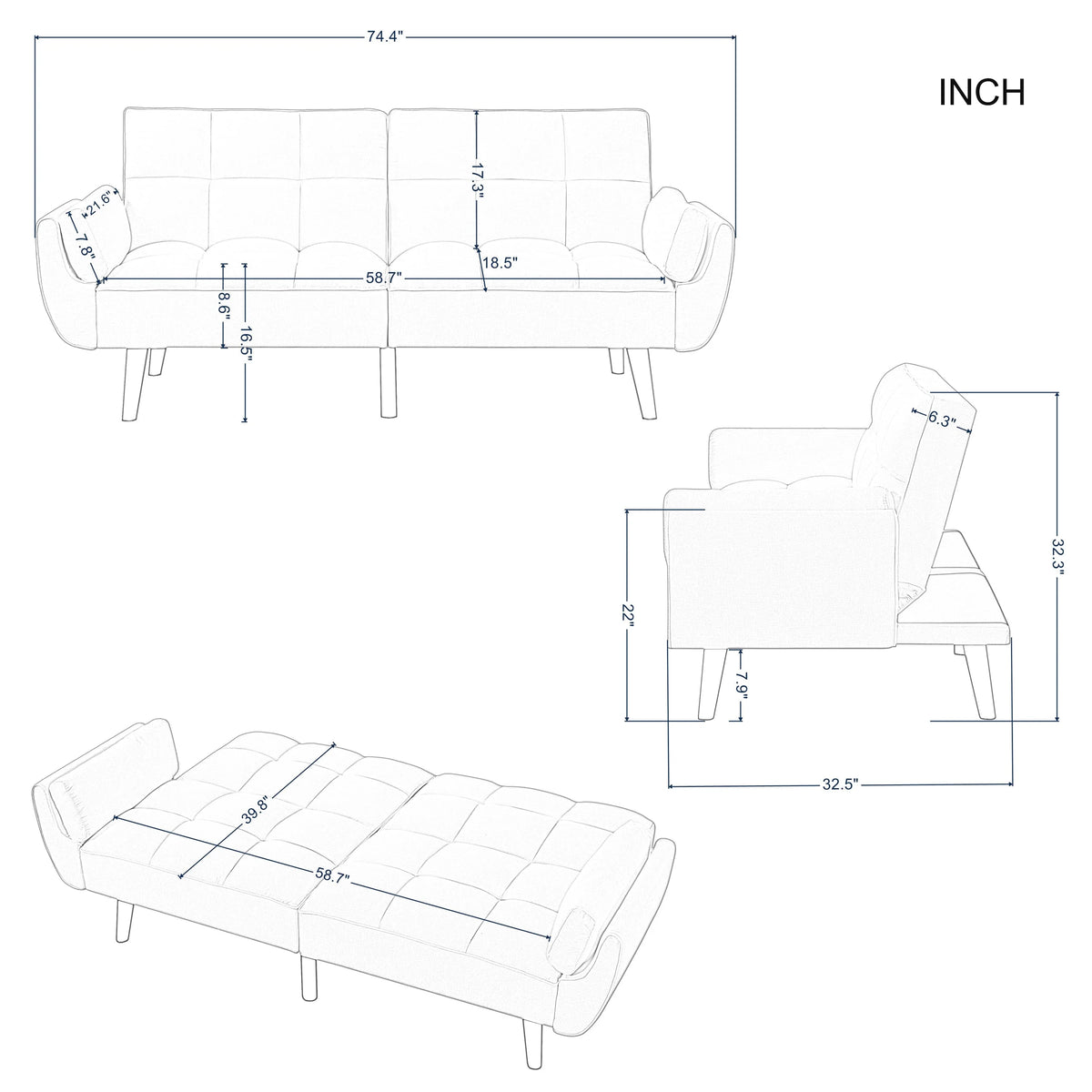 74.4 inch Foam Futon Sofa Bed with 2 Pillows I59794