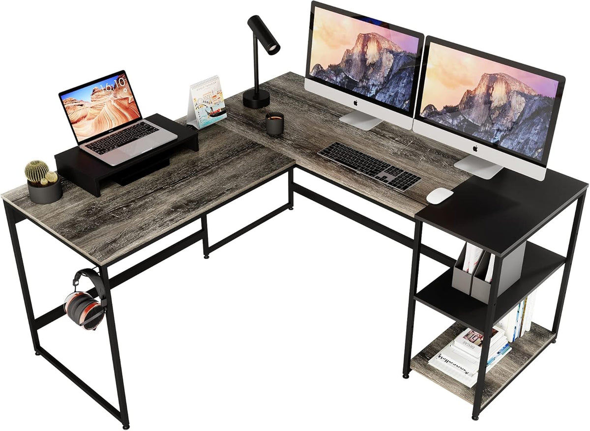 Grey Oak L Shaped Desk with Shelves 95.2 Inch Reversible Corner Computer Desk S893