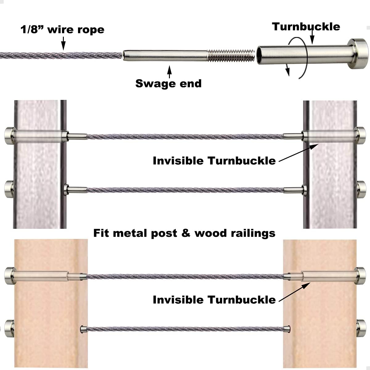 20 Pcs 1/8 Invisible Turnbuckle Kit, T316 Stainless Steel Cable Railing Hardware Kit B503