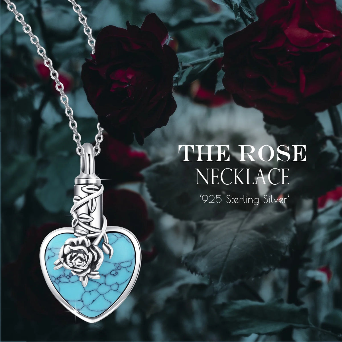 Natural Turquoise Urn Necklace Sterling Silver Heart Pendant Necklaces for Ashes U627330