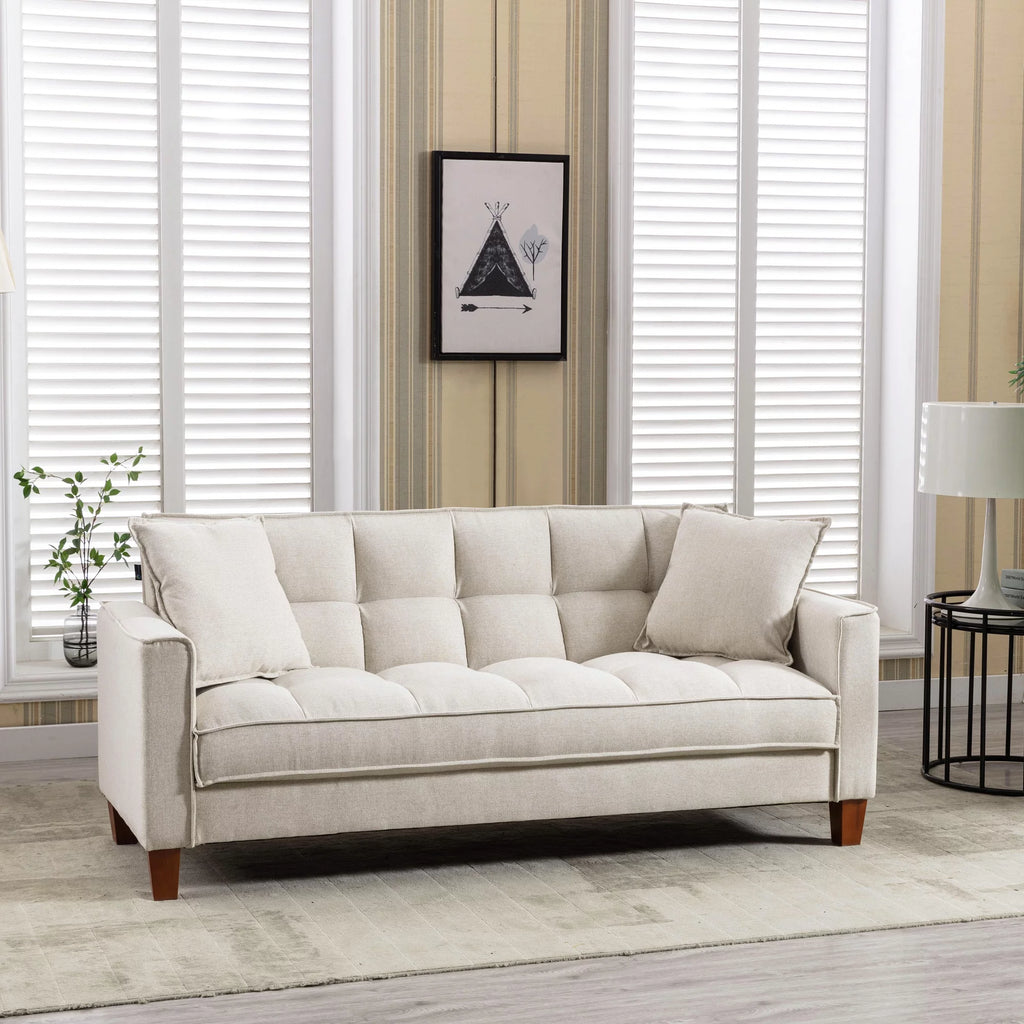 Mid-Century Linen Love Seat Sofa with 2 Pillows and Solid Wood Legs N724