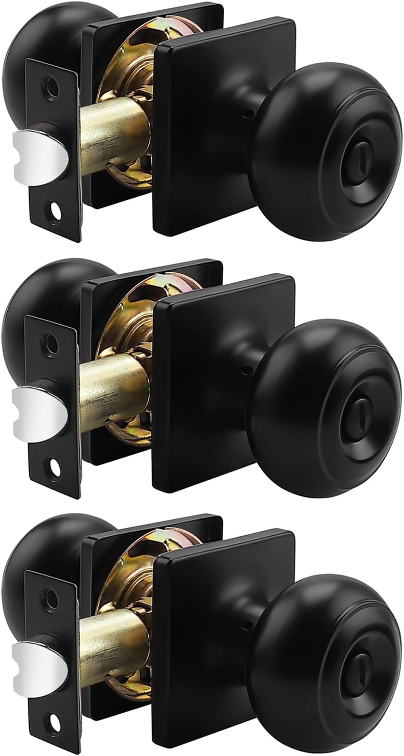 Black Passage Door Knobs with Square Rosette, 3 Pack T9762