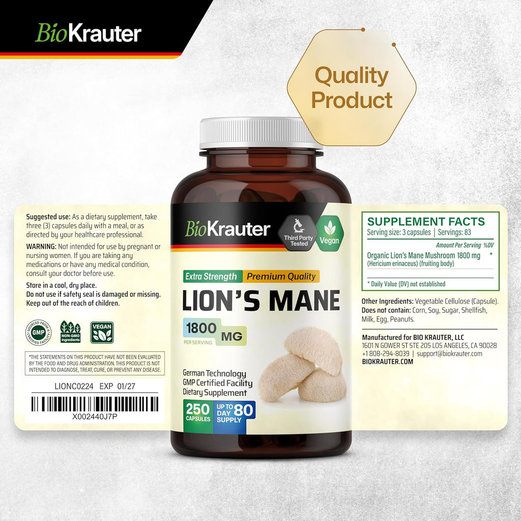 Vegan Organic Lion's Mane Mushroom Supplement Capsules Z3711