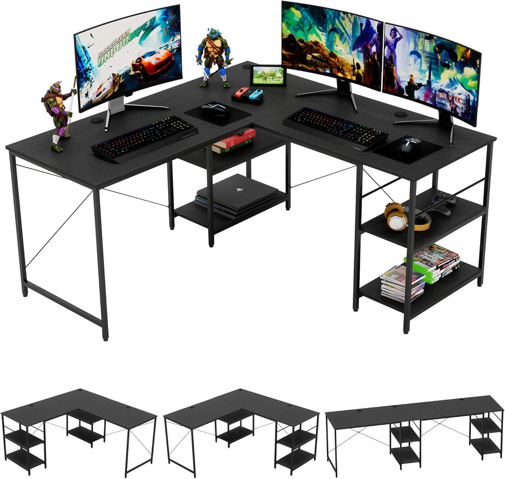 Grey Oak L Shaped Desk with Shelves 95.2 Inch Reversible Corner Computer Desk S893