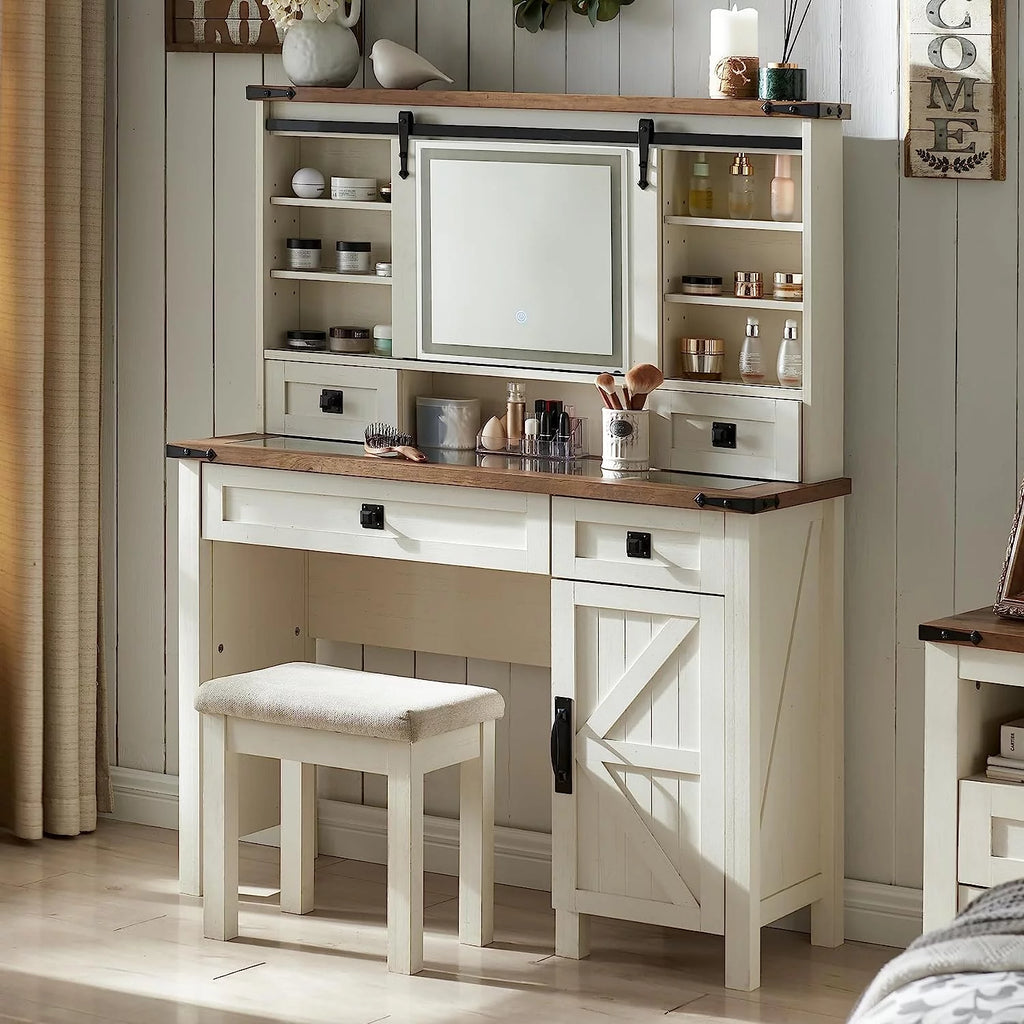 White Vanity Set with Sliding Mirror and Lights M385