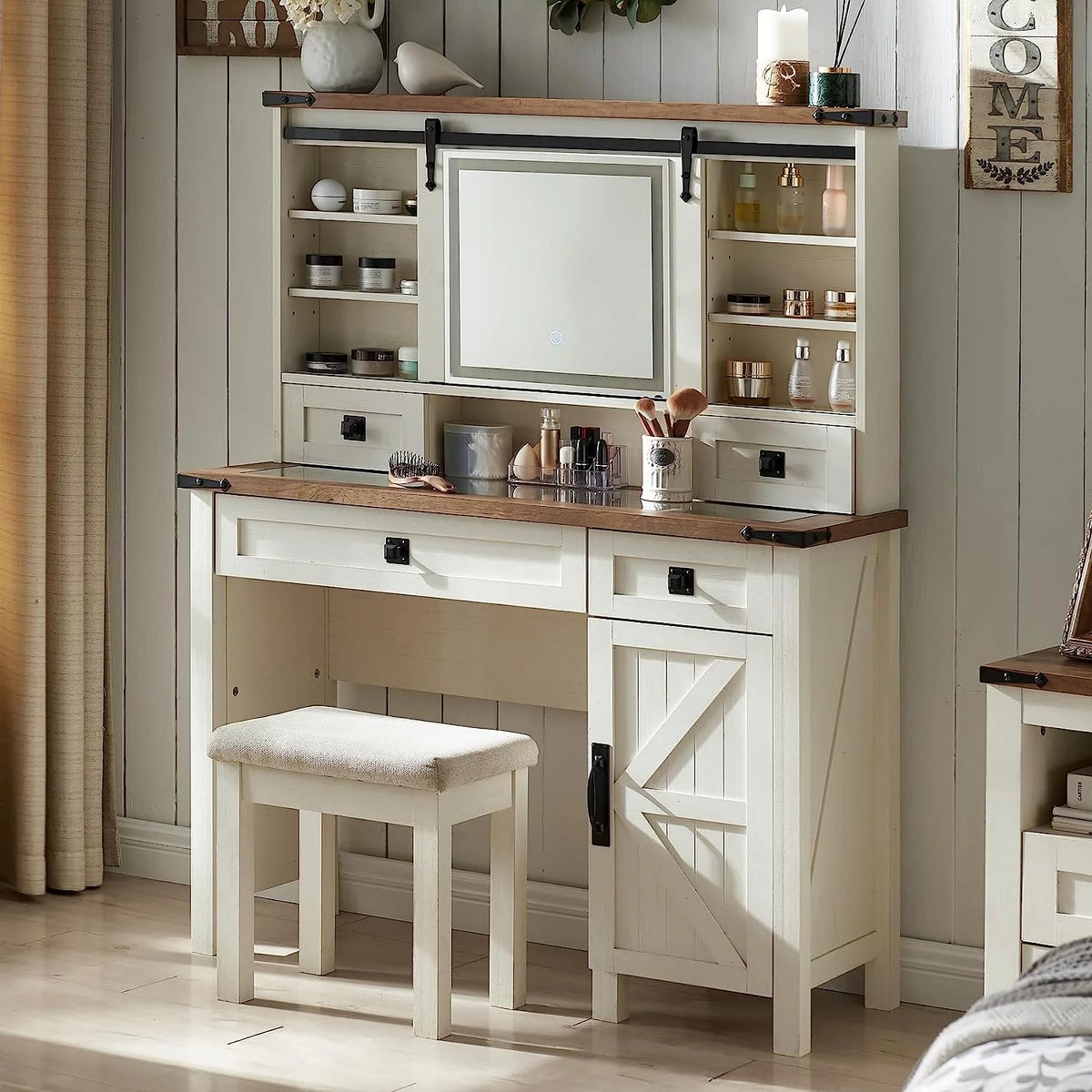 White Vanity Set with Sliding Mirror and Lights M385