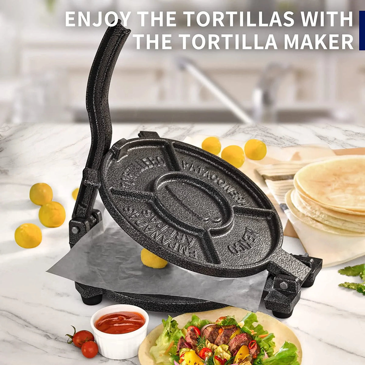 Cast Iron Tortilla Press with 100 Pcs Parchment Paper I3420