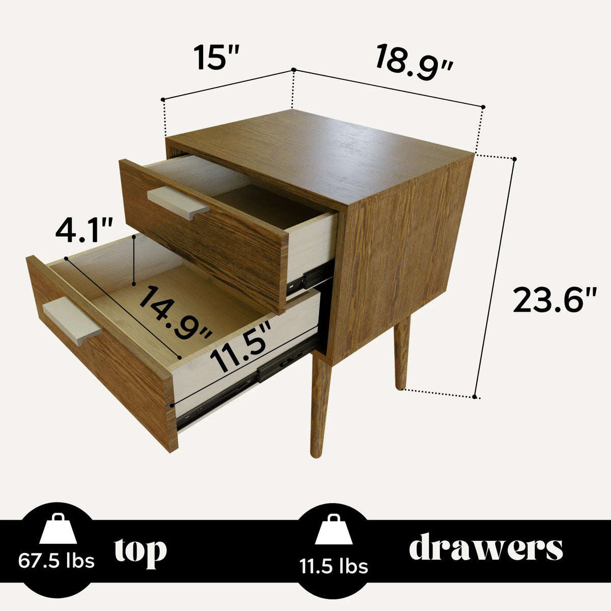 Walnut & Gold Two Drawer Nightstand U452