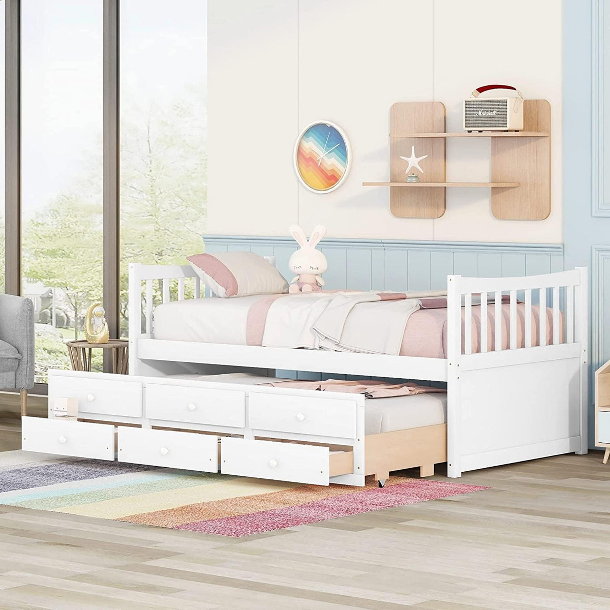Twin White Wood Daybed with Trundle and Storage Drawers K68173