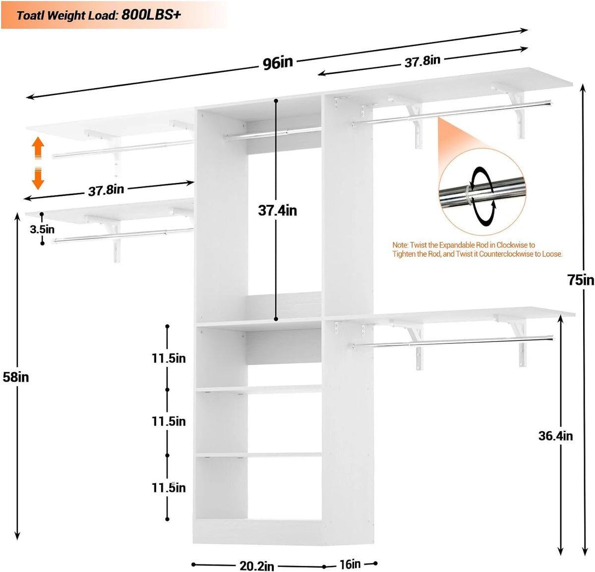 96'' White Closet System with 3 Shelving Towers P309068