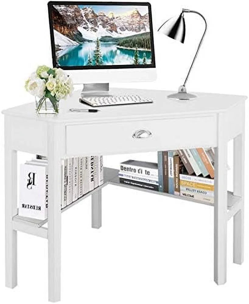 Black Corner Desk with Drawer and Shelves E5206