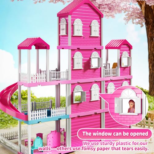 Pink Girl House Playset with 4 Storeys 10-Room and 2 Dolls Q379