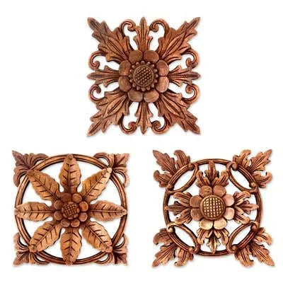 3 Piece Hand Carved Wood Floral Relief Wall Decor Set A906