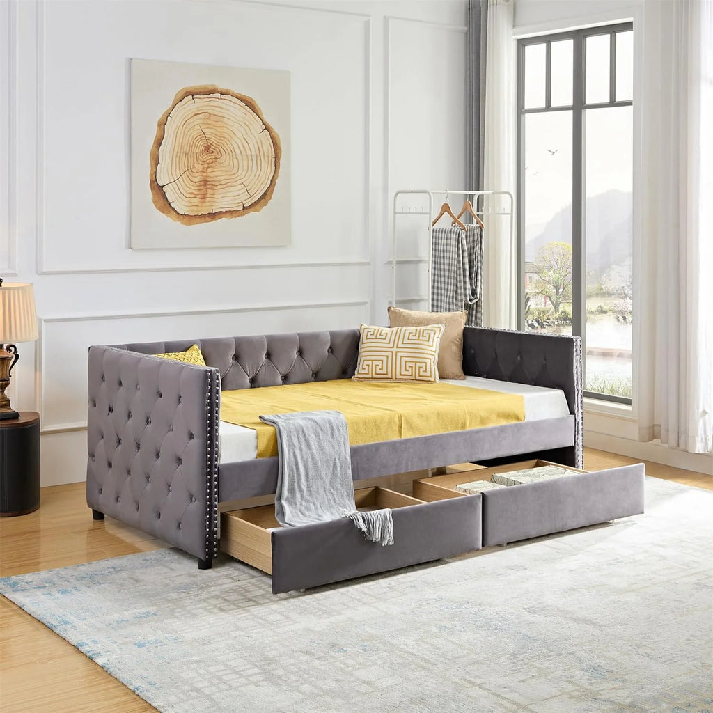 Velvet Upholstered Daybed with 2 Storage Drawers E84083
