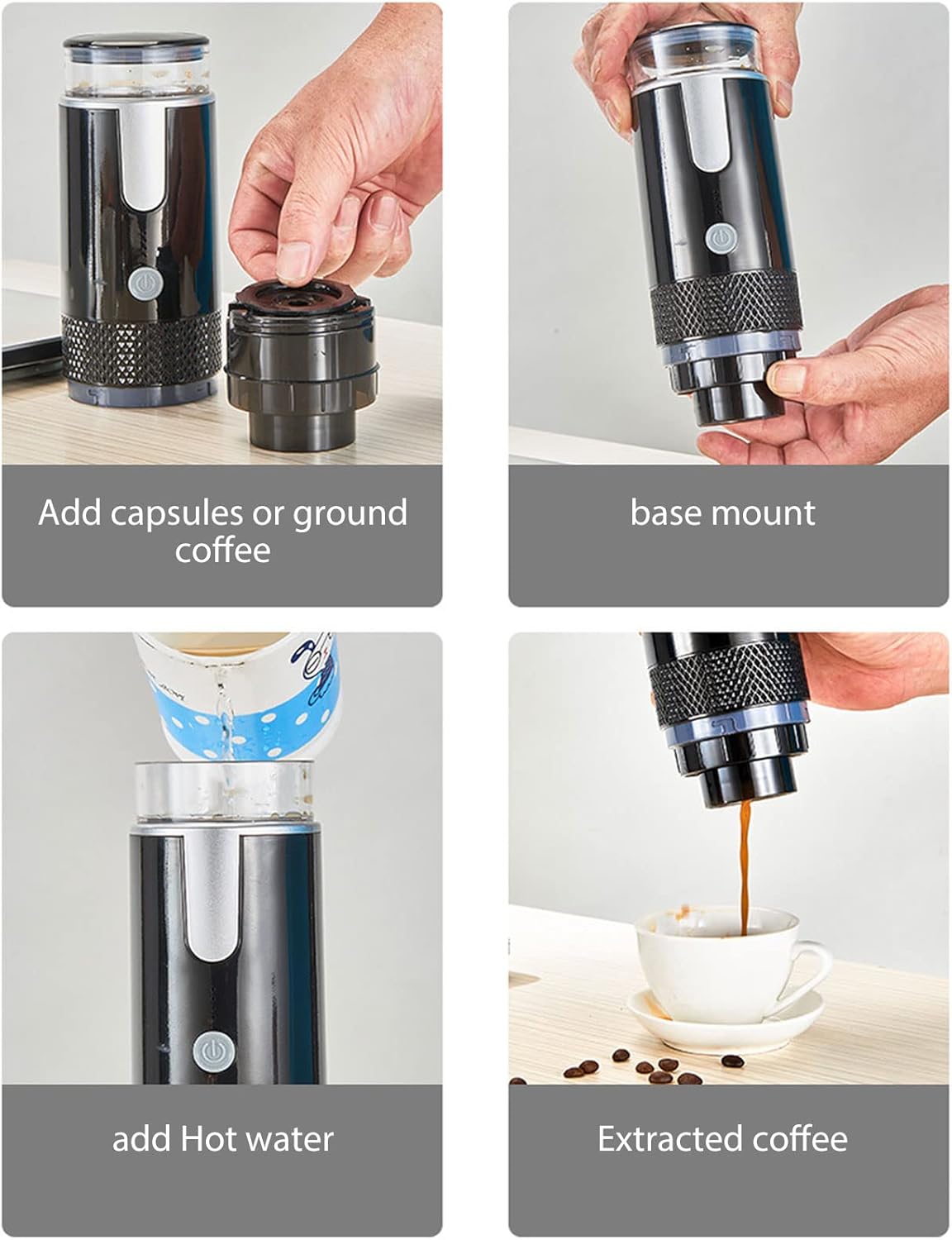 Portable Espresso Machine, Travel Coffee Maker Compatible with K Cup Capsules & Ground Coffee, 1200mah Battery, Handheld Single Serve Coffee Machine C948