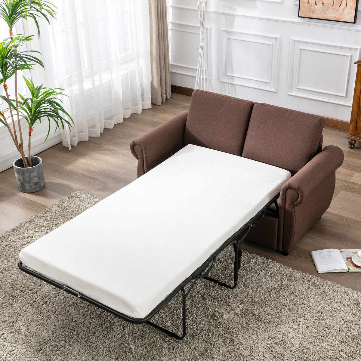 Brown Twin Size Pull Out Sofa Bed I2057