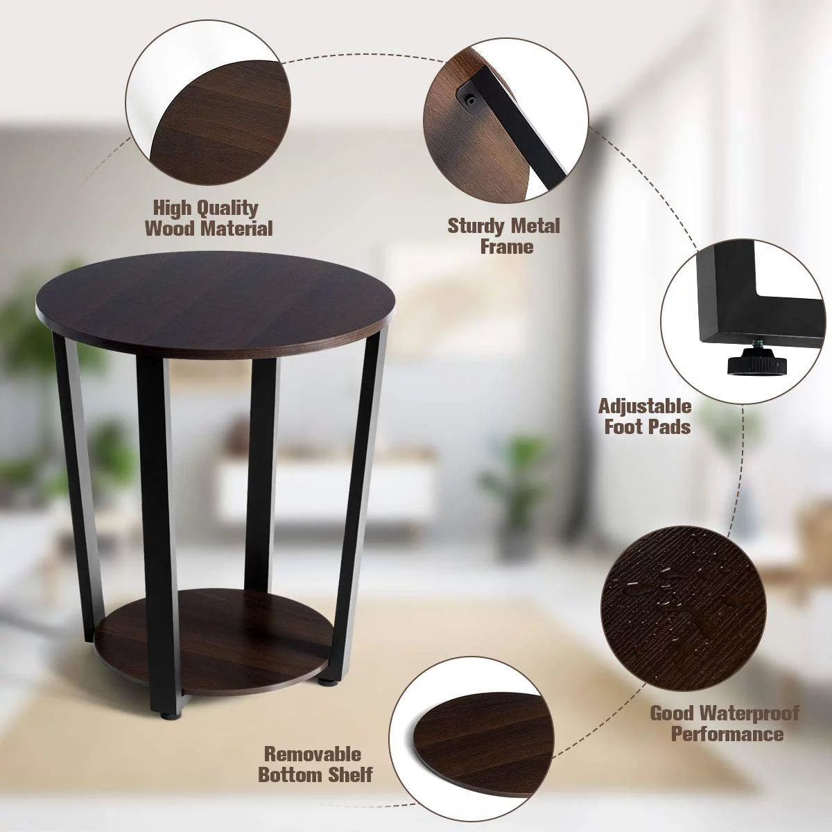 Round 2-Tier Metal End Table with Storage Shelf W806309