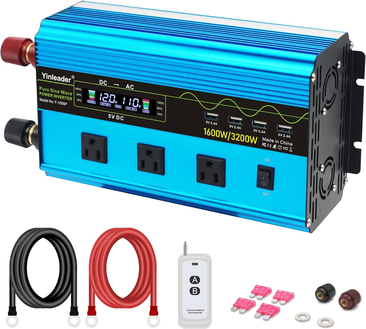 4000W Pure Sine Wave Power Inverter 12V DC to 110V 120V AC with 4 AC Outlets and 3.1A USB Port V9502