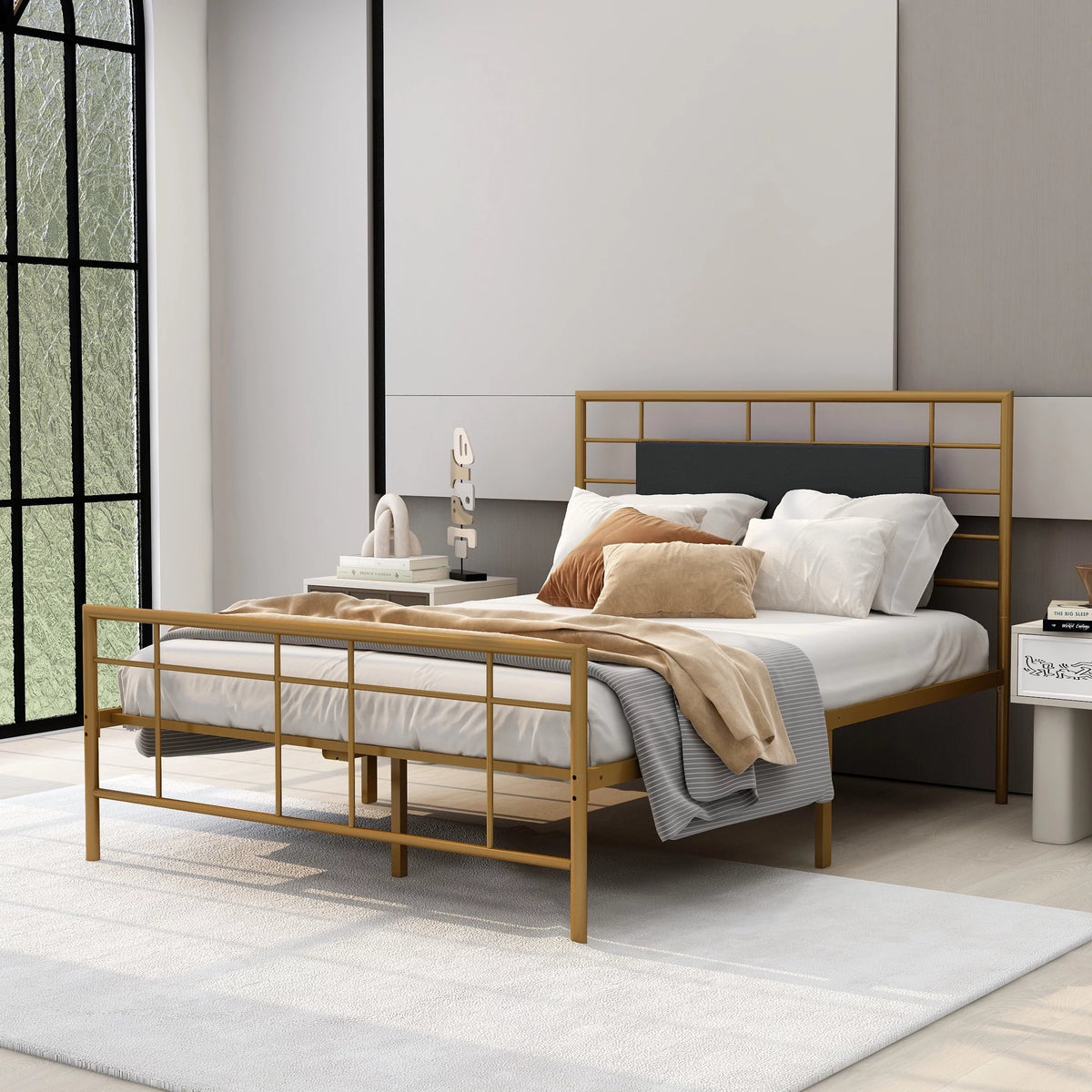 Queen Size Black Metal Platform Bed Frame with Leather Upholstered Headboard W842942