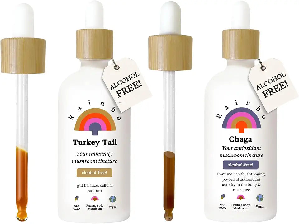Alcohol Free Mushroom Bundle, Turkey Tail Mushroom Extract + Chaga Mushroom Tincture, Vegan Liquid Mushroom Supplements F96385