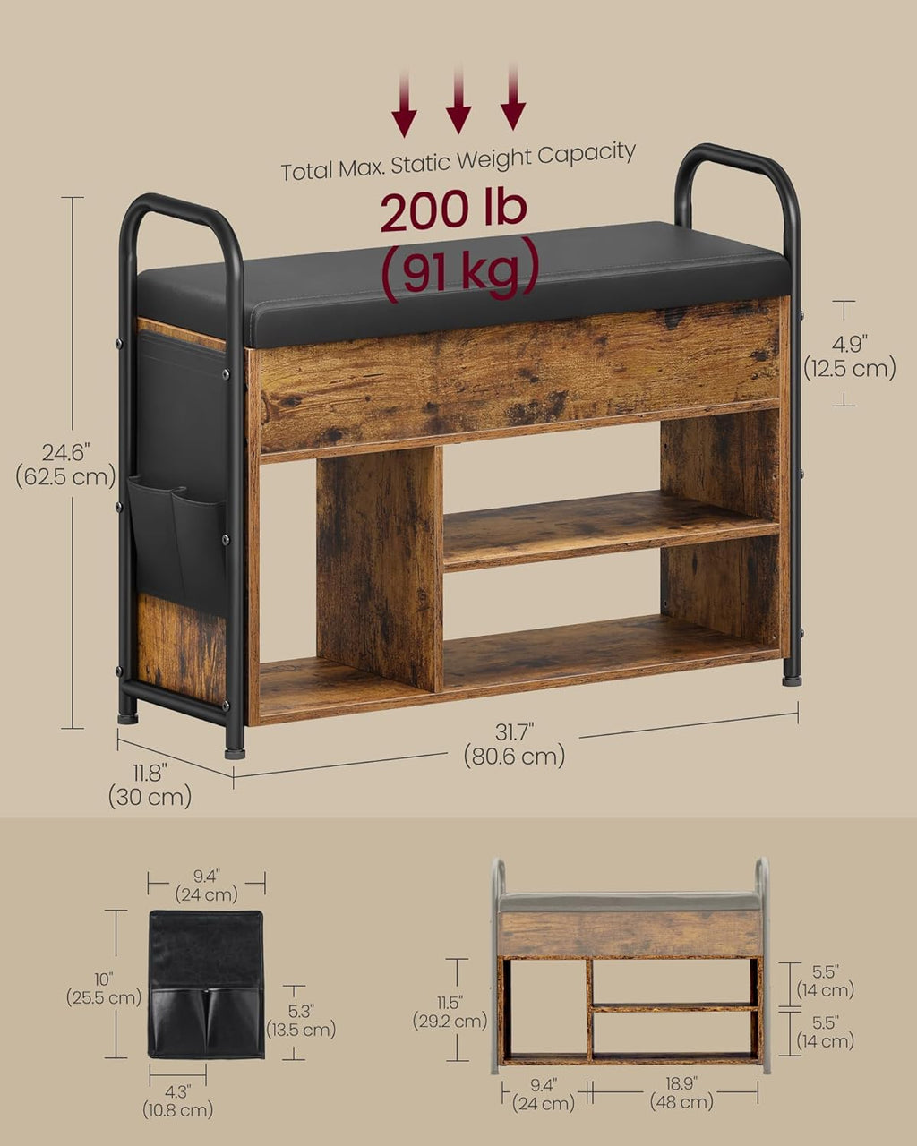 Rustic Brown and Ink Black Shoe Bench with Storage L3936