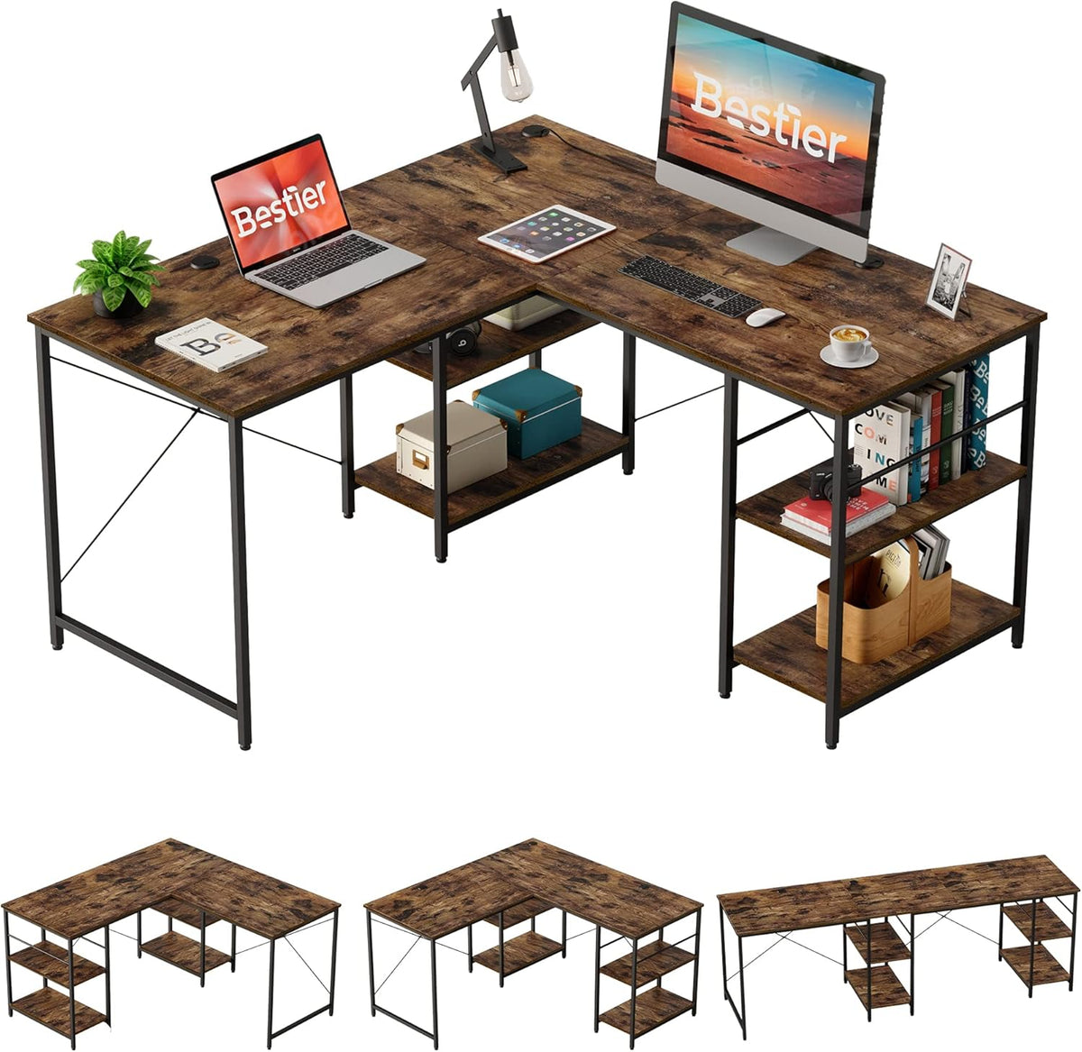 Grey Oak L Shaped Desk with Shelves 95.2 Inch Reversible Corner Computer Desk S893