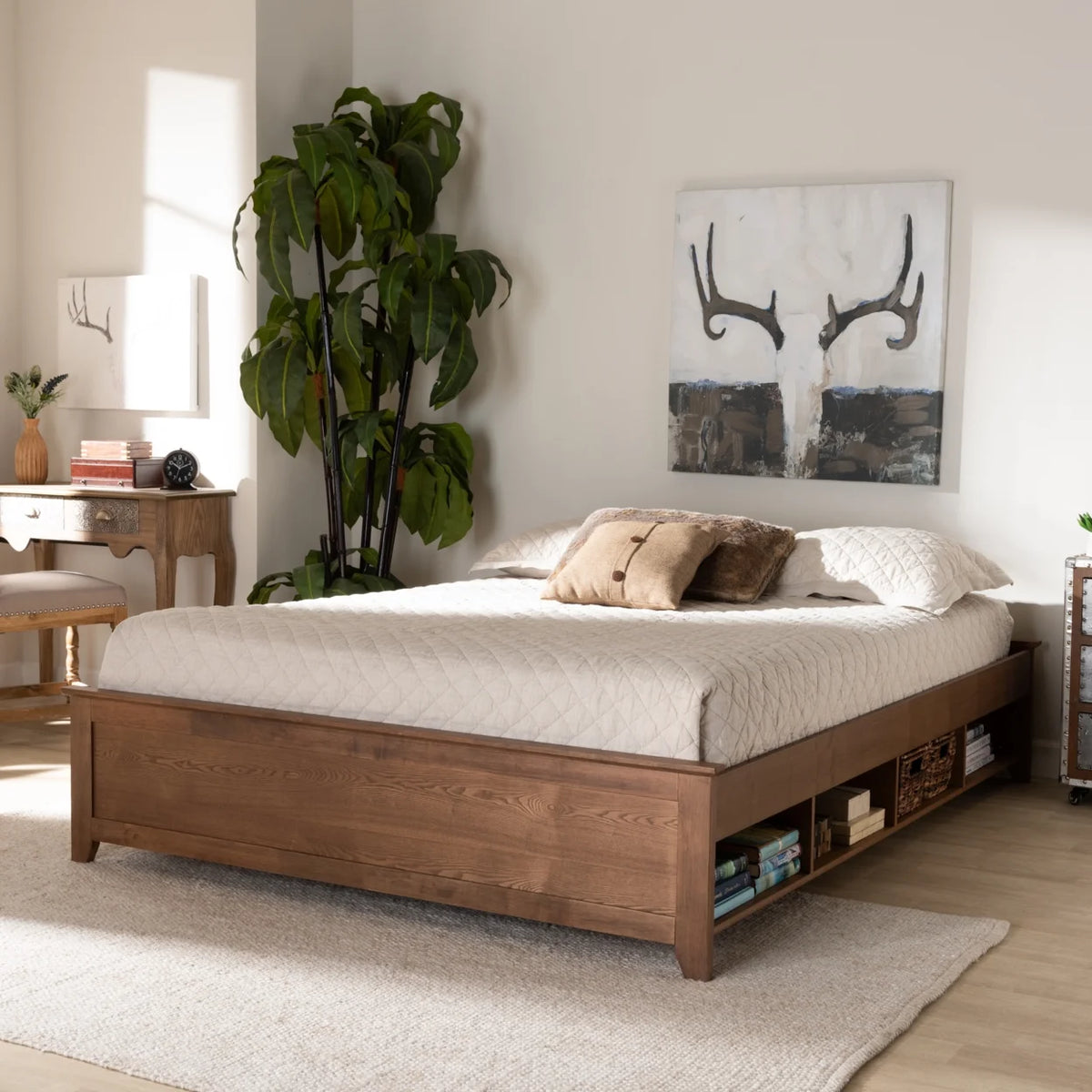 Queen Size Ash Walnut Brown Wood Storage Bed Frame Q1821