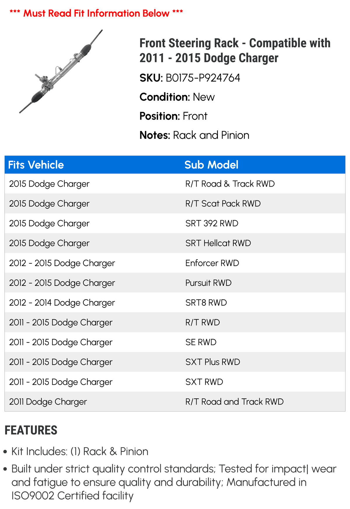Steering Rack Compatible with 2011-2015 Dodge Charger M6806