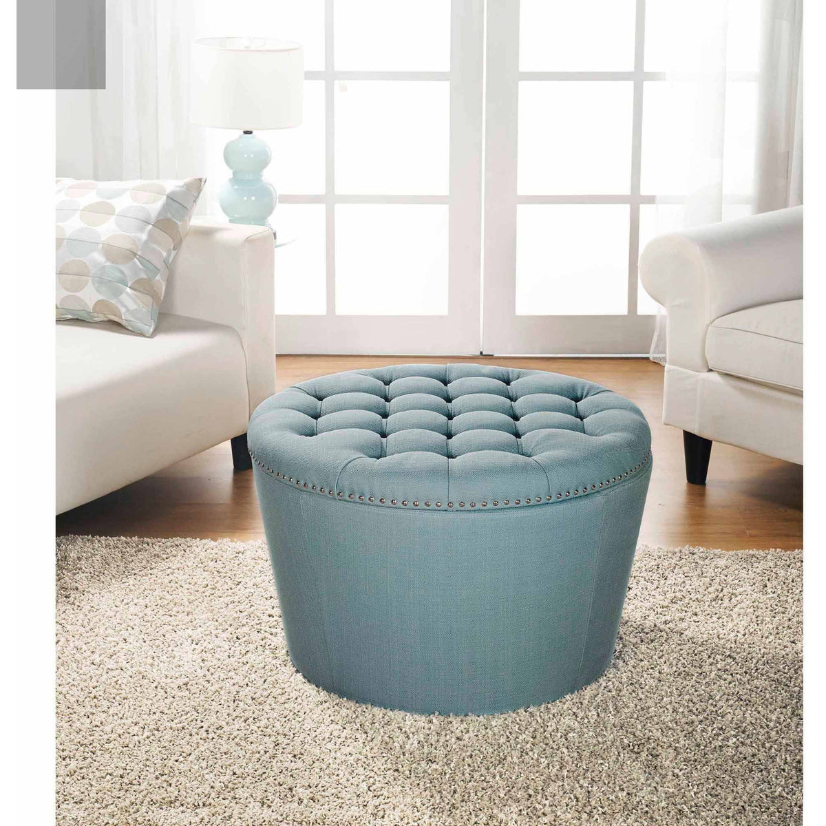 Round Tufted Storage Ottoman with Nailheads H1890