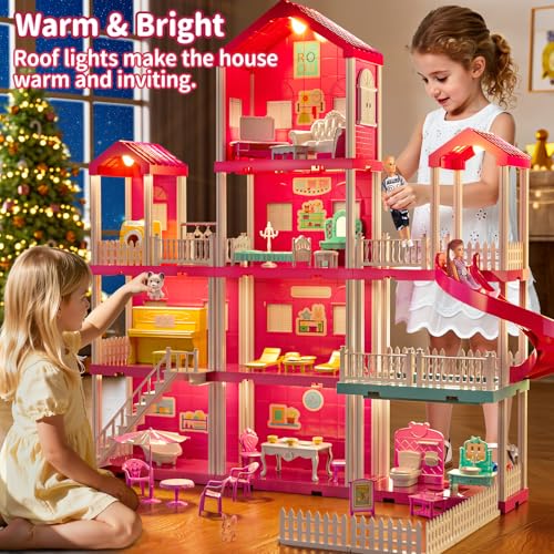 Pink Girl House Playset with 4 Storeys 10-Room and 2 Dolls Q379