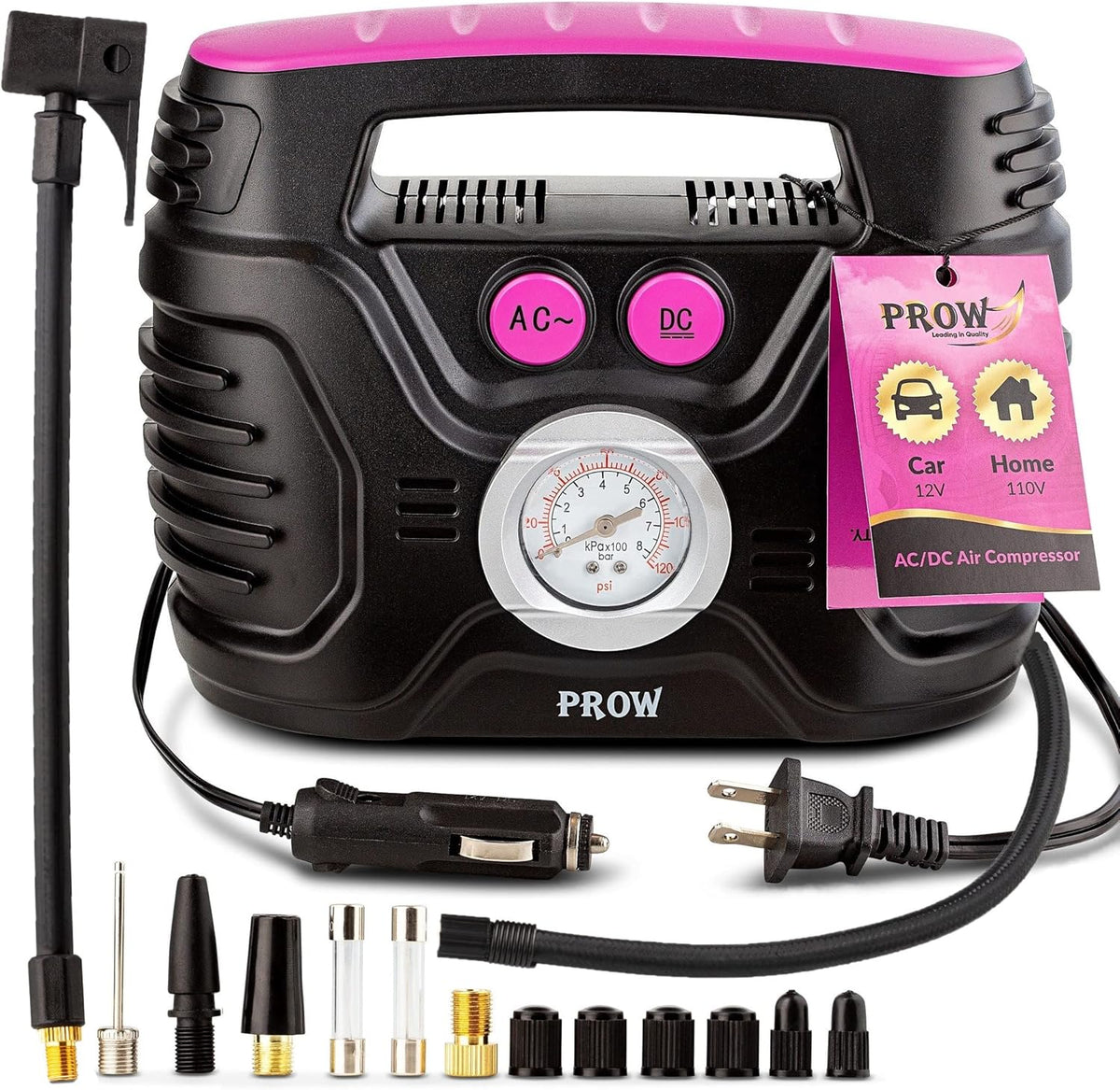 Electric Air Compressor Portable Tire Inflator 12V 110V Car and Bike Pump Presta and Schrader Valve Analog Pressure Gauge B9960