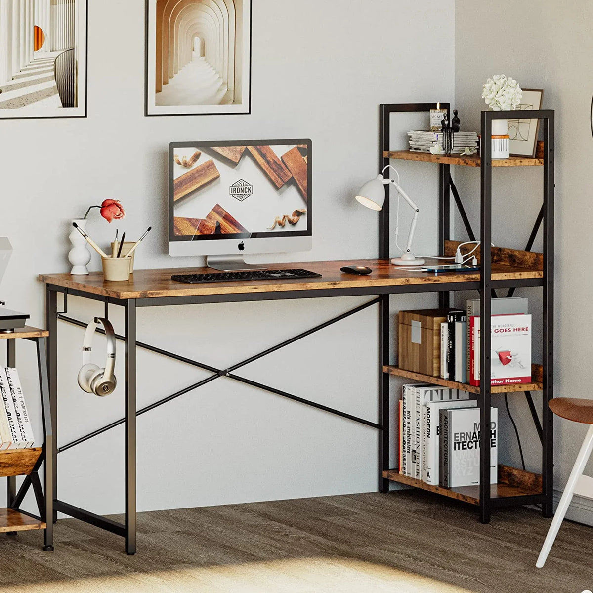 55" Computer Desk with Power Outlet and Storage Shelves L73322