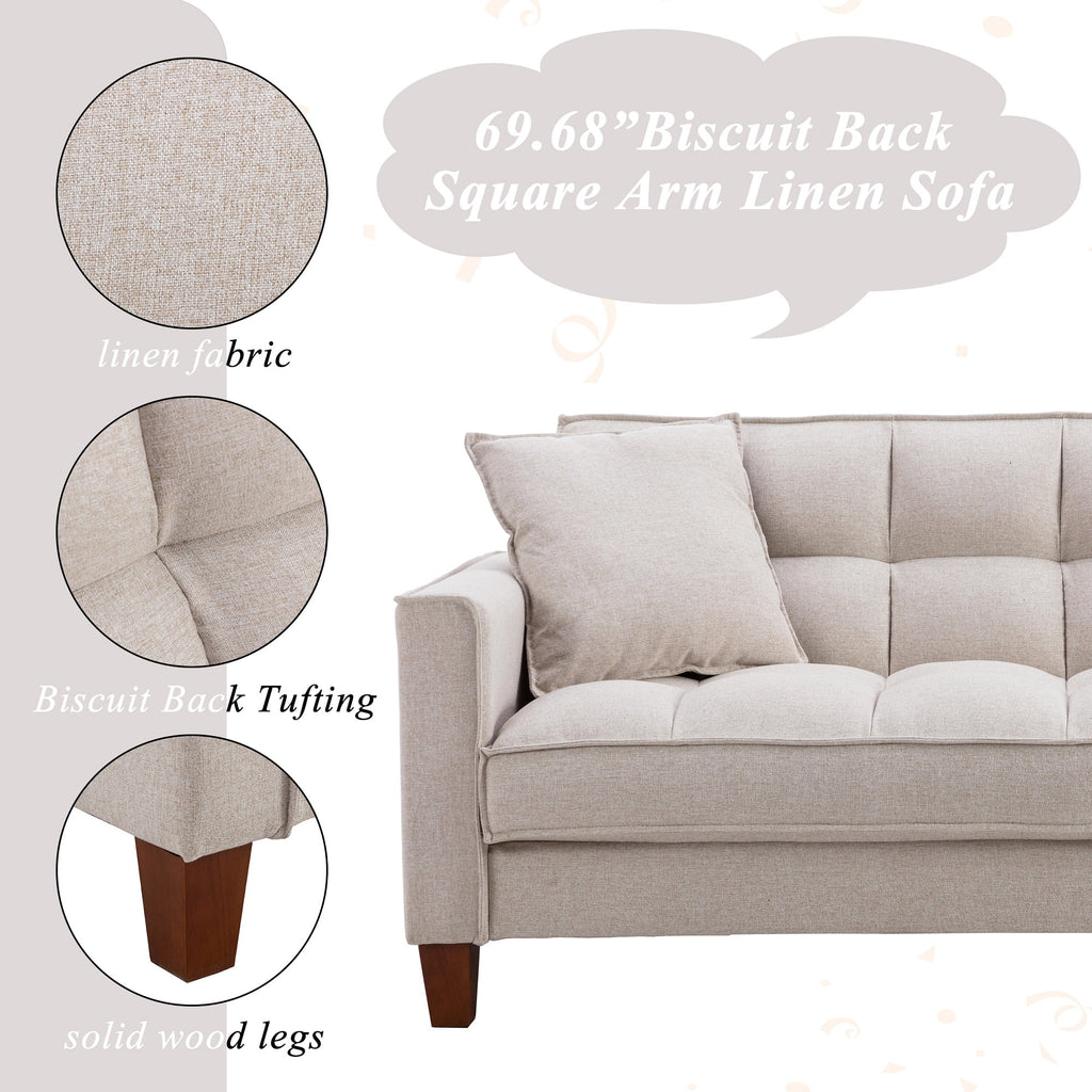 Mid-Century Linen Love Seat Sofa with 2 Pillows and Solid Wood Legs N724