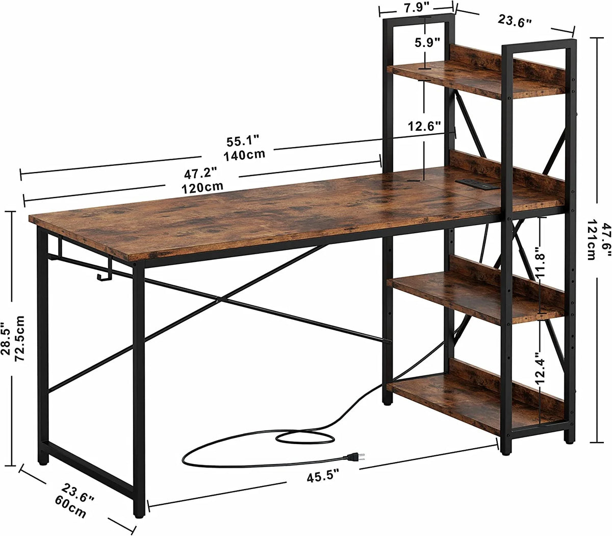 55" Computer Desk with Power Outlet and Storage Shelves L73322
