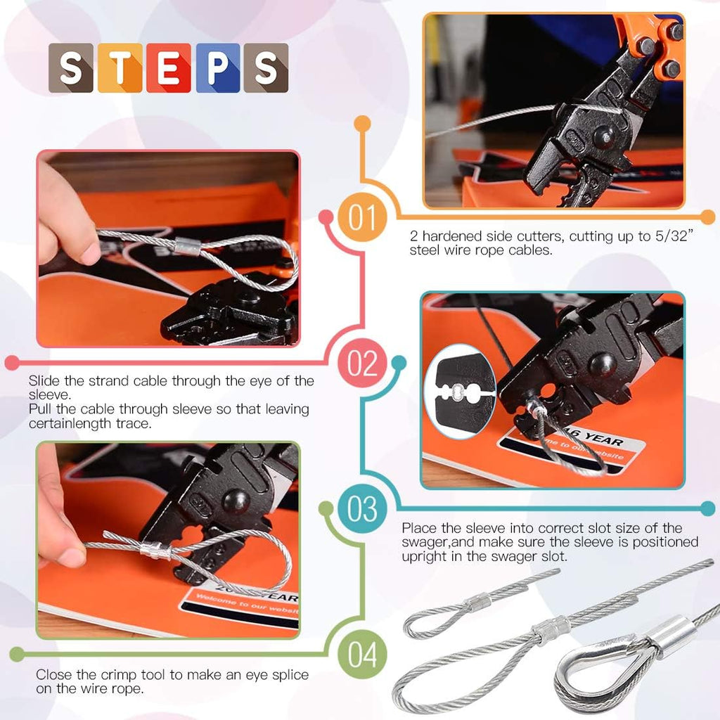 132Pcs Wire Rope Crimping Tool with Crimp Ferrules, Thimbles and Gloves C100376