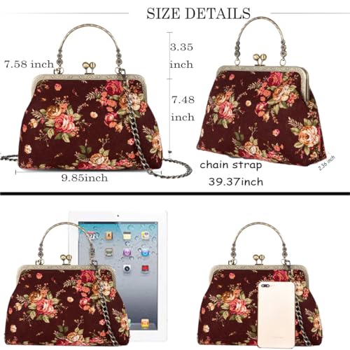 Floral Top-Handle Handbag, Kiss Lock Evening Bag I398