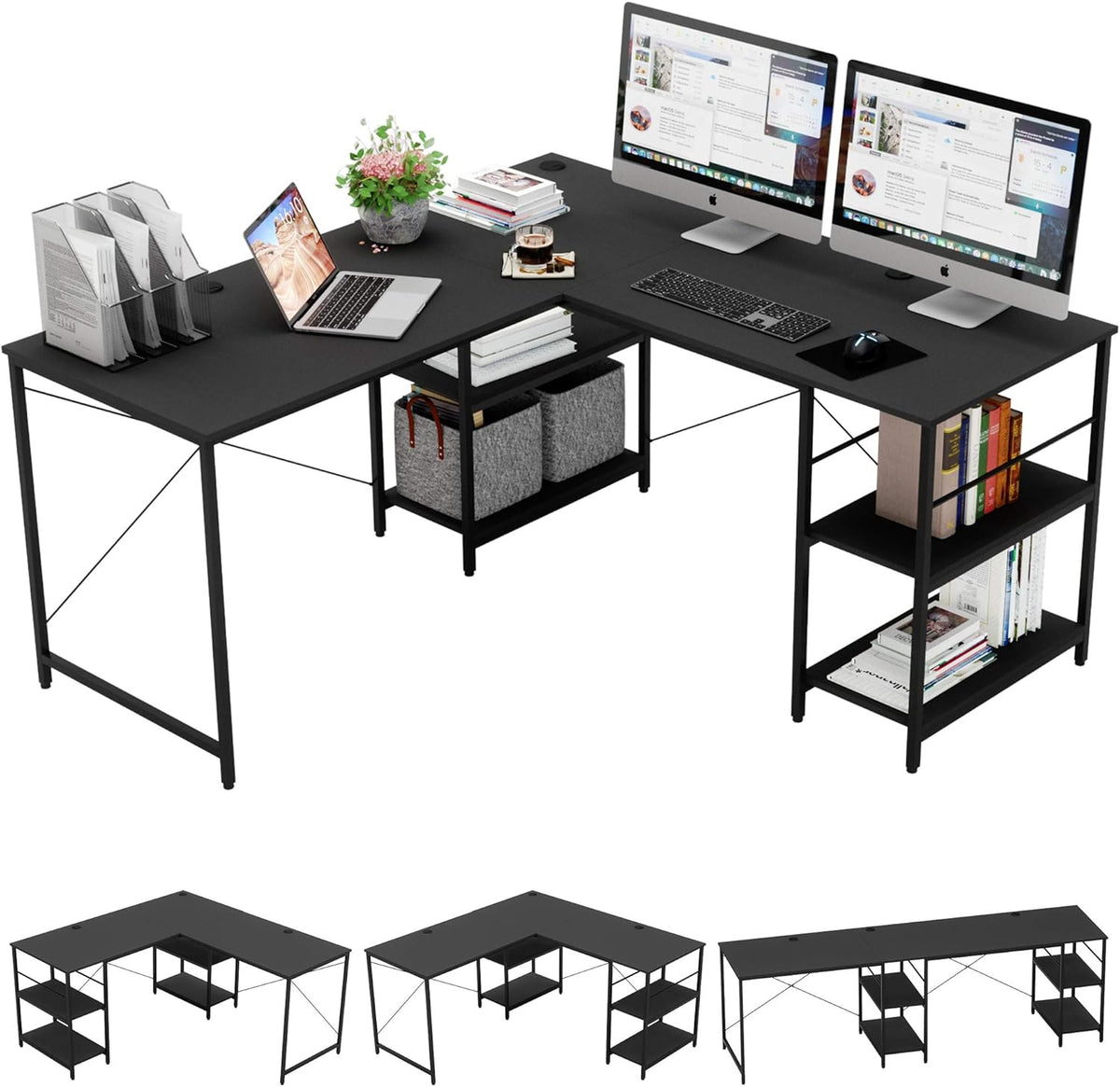 Grey Oak L Shaped Desk with Shelves 95.2 Inch Reversible Corner Computer Desk S893