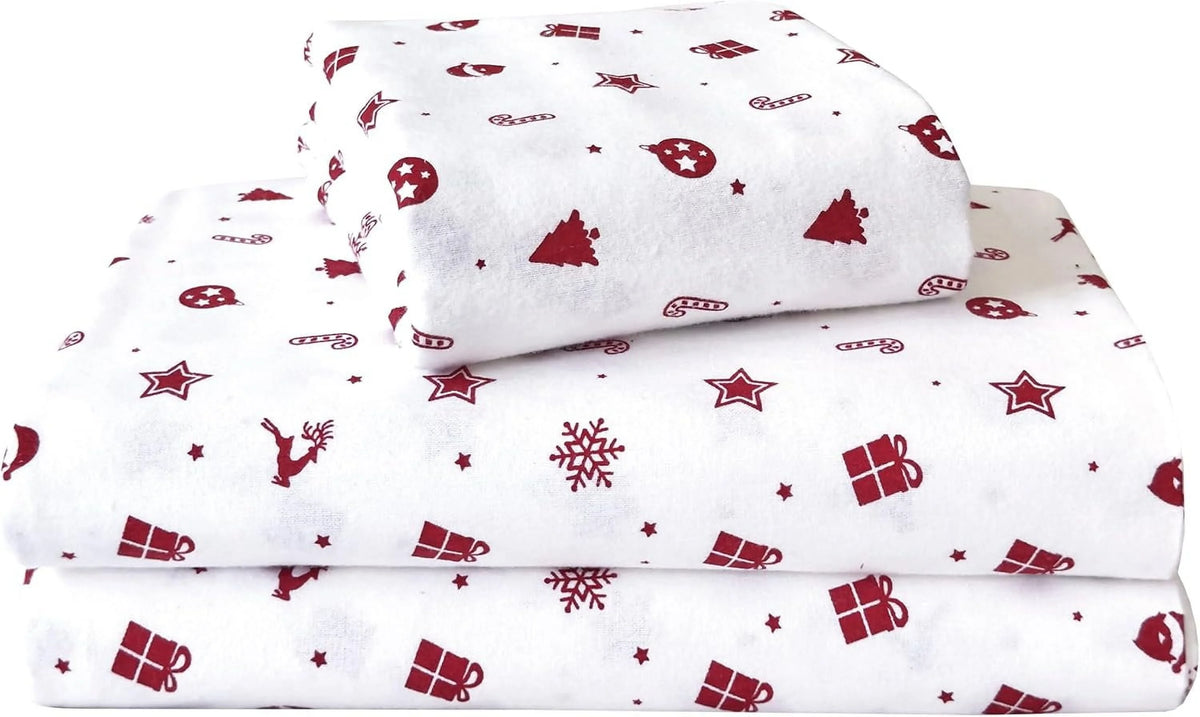 King Flannel Sheets - 4-Piece 100% Turkish Cotton, Red Stars, Deep Pocket R964