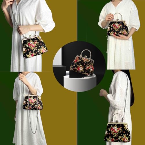 Floral Top-Handle Handbag, Kiss Lock Evening Bag I398