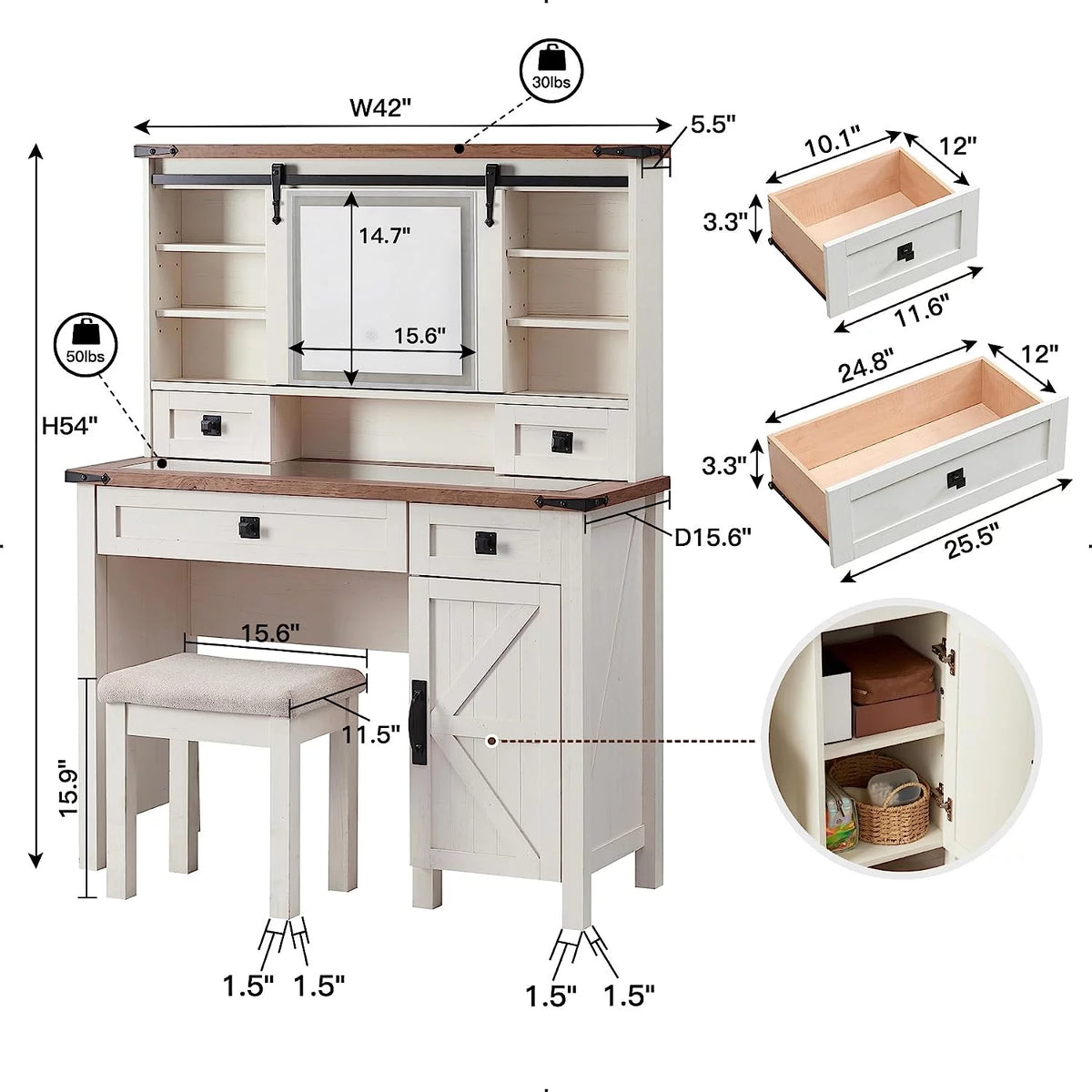 White Vanity Set with Sliding Mirror and Lights M385