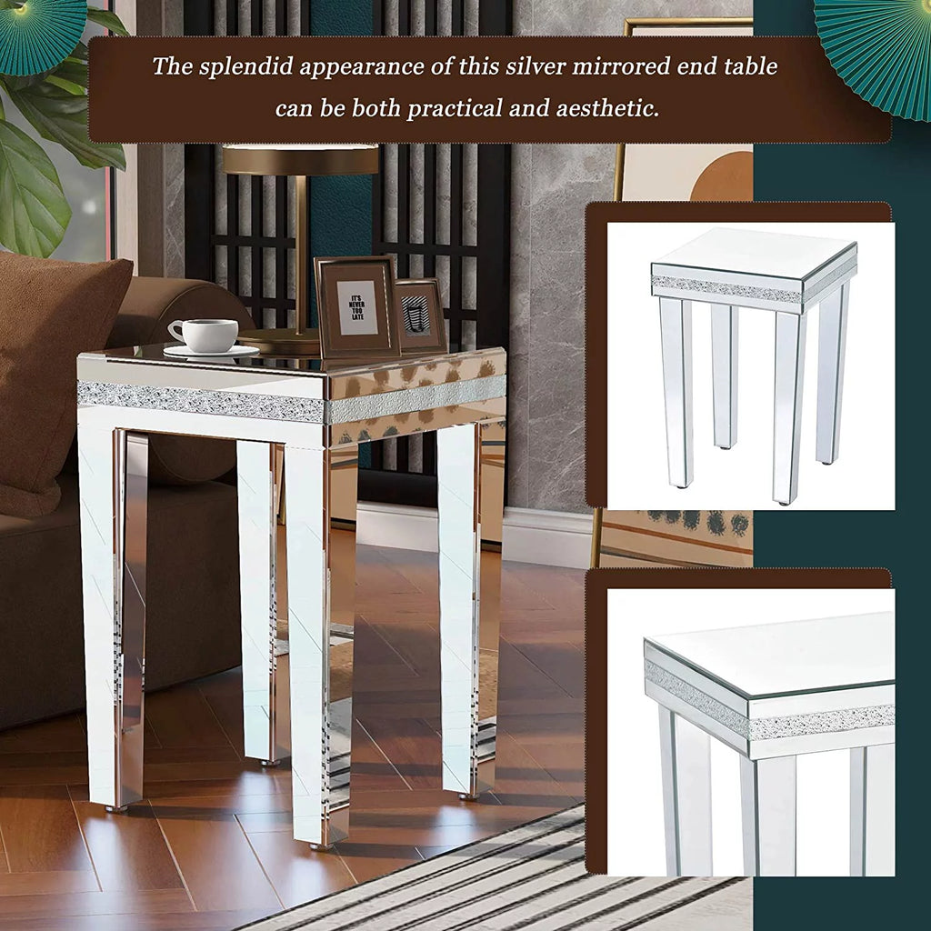 Modern Glass Mirrored Side Table with Crystal Design and Adjustable Height Legs Y696