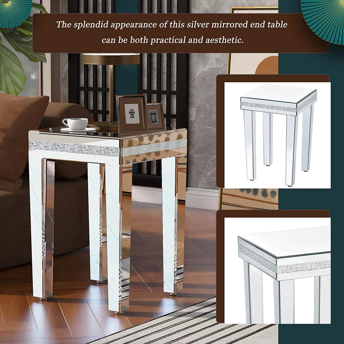 Modern Glass Mirrored Side Table with Crystal Design and Adjustable Height Legs Y696
