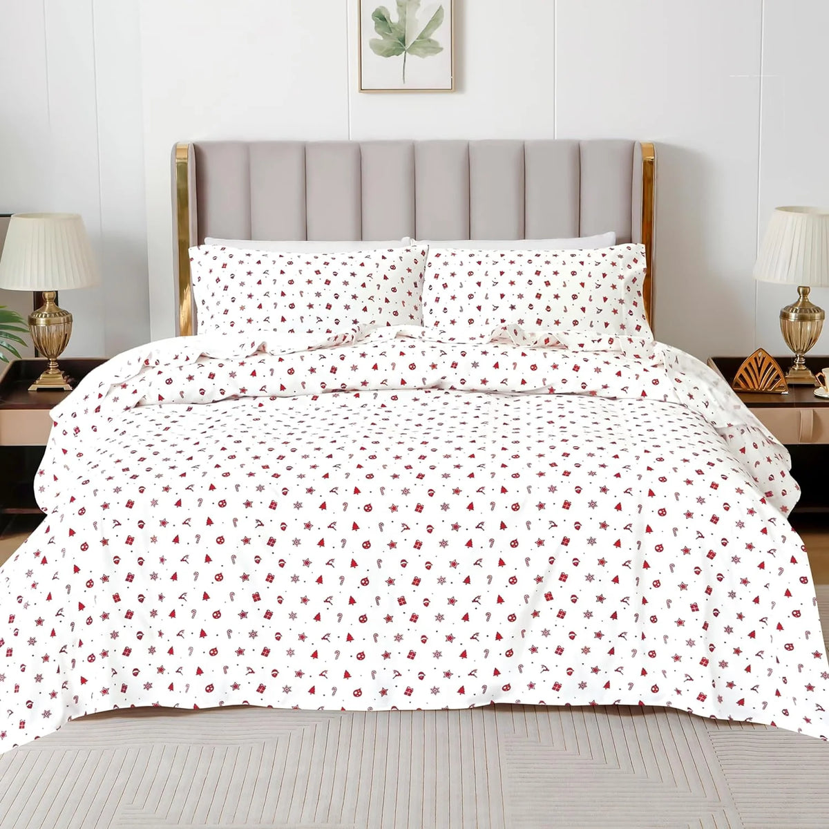 King Flannel Sheets - 4-Piece 100% Turkish Cotton, Red Stars, Deep Pocket R964